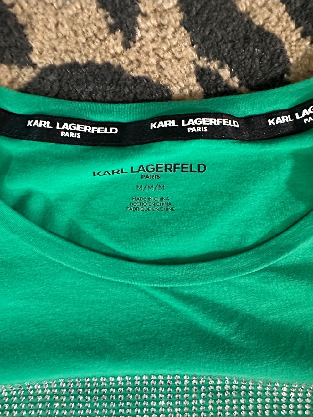 Karl Lagerfeld Bright Green Rhinestone Logo TShirt • Size M • NWOT - Picture 2 of 10
